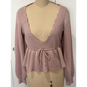 Unbranded scallop trim Deep v-neck drawstring ruffle hem Sweater Size S Pink